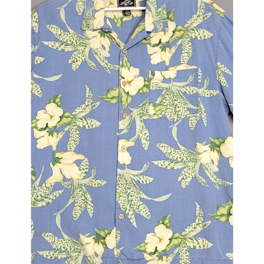 Bermuda Bay 100% Silk Shirt Mens L Blue Hawaiian Buttons Floral Short‎ Sleeve